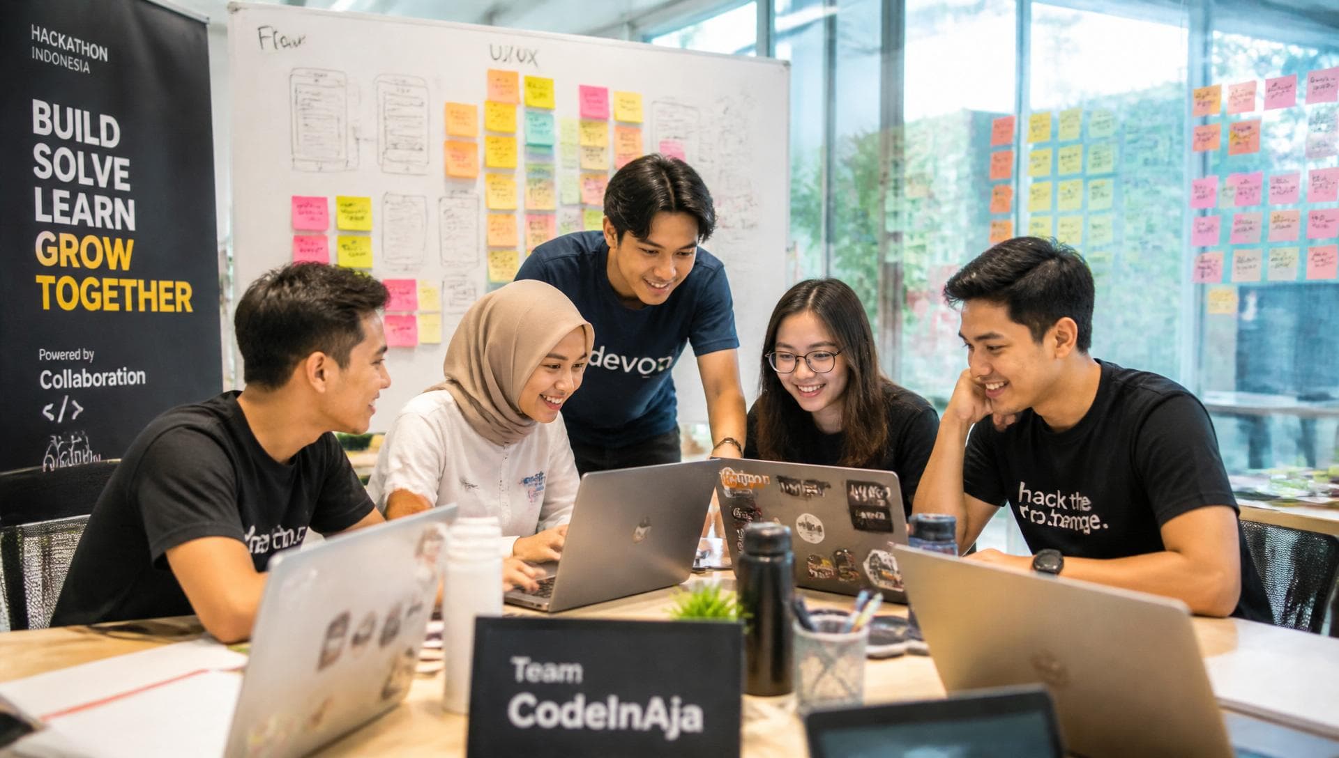 Tim muda berkolaborasi di hackathon dengan pencahayaan cerah